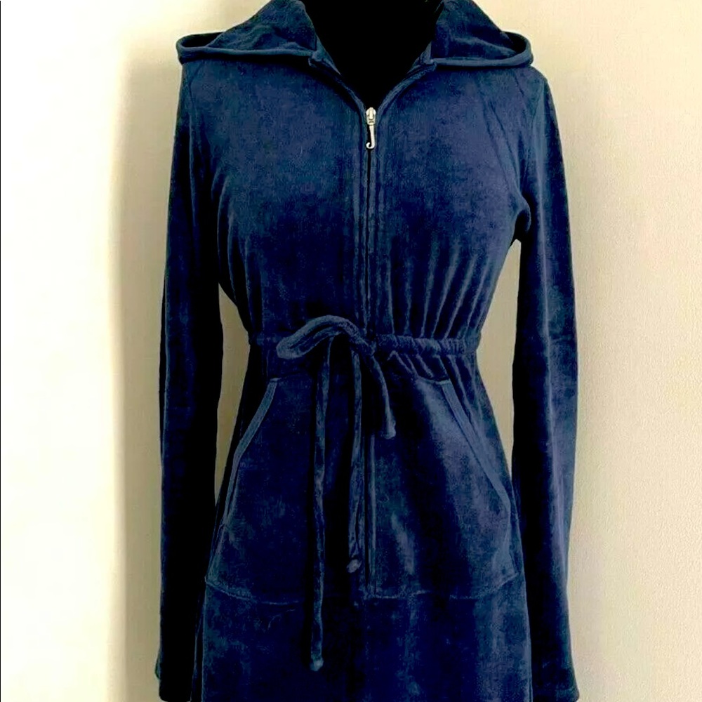New RARE-Juicy Couture hooded Terry Navy dress…,drawstring @ waist, pockets-XL